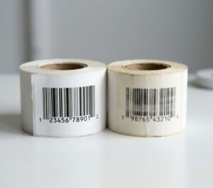 Twee rollen thermische etiketten naast elkaar, links scherp bedrukt, rechts vervaagd opdruk door verkeerd materiaal.